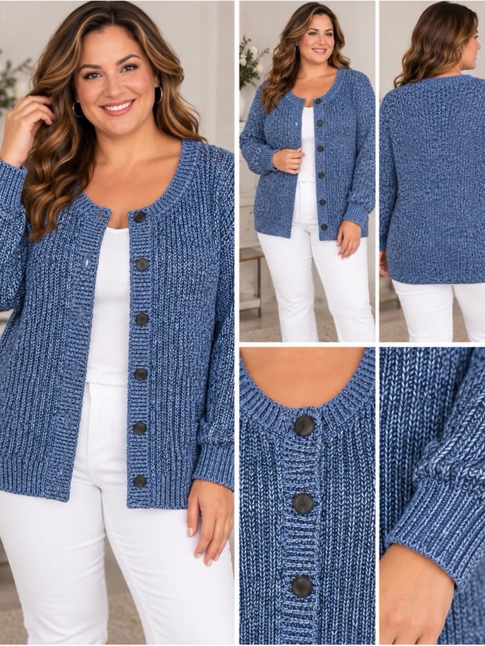 NWT Talbots Blue Marled Chunky Knit Button Cardigan Sweater XL